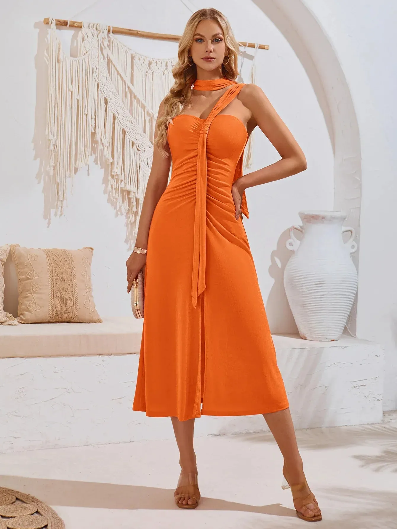 Elegant High Waist Off Shoulder Pleated Midi Dress