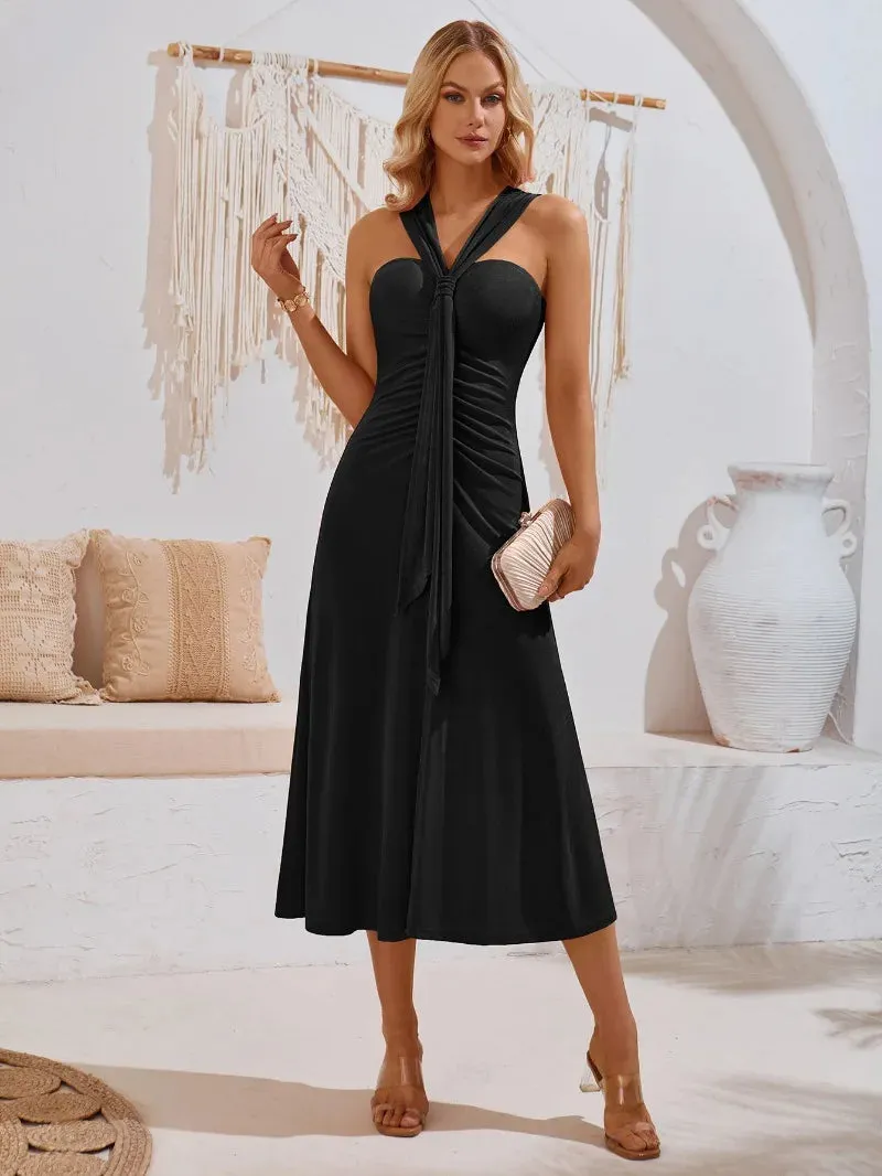 Elegant High Waist Off Shoulder Pleated Midi Dress