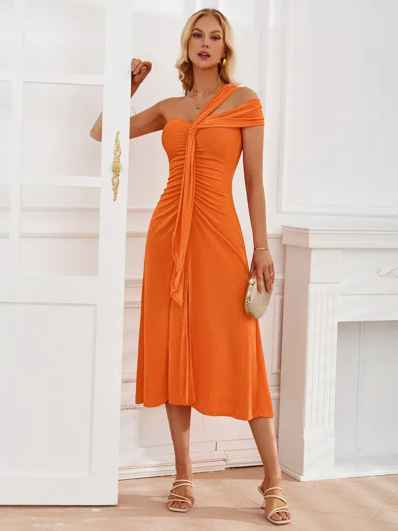 Elegant High Waist Off Shoulder Pleated Midi Dress