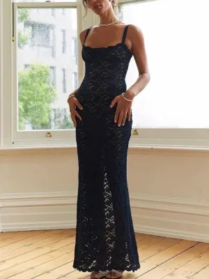 Elegant Lace See Through Spaghetti Straps Bodycon Black Maxi Dress