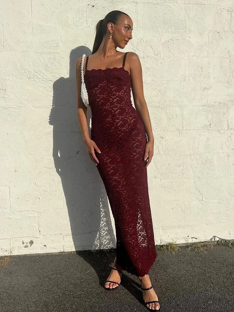 Elegant Lace Summer Spaghetti Straps Sleeveless Maxi Dress