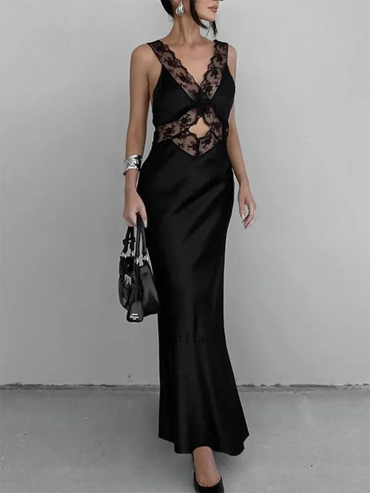 Elegant Lace V Neck Maxi Dress for Evening Fashion