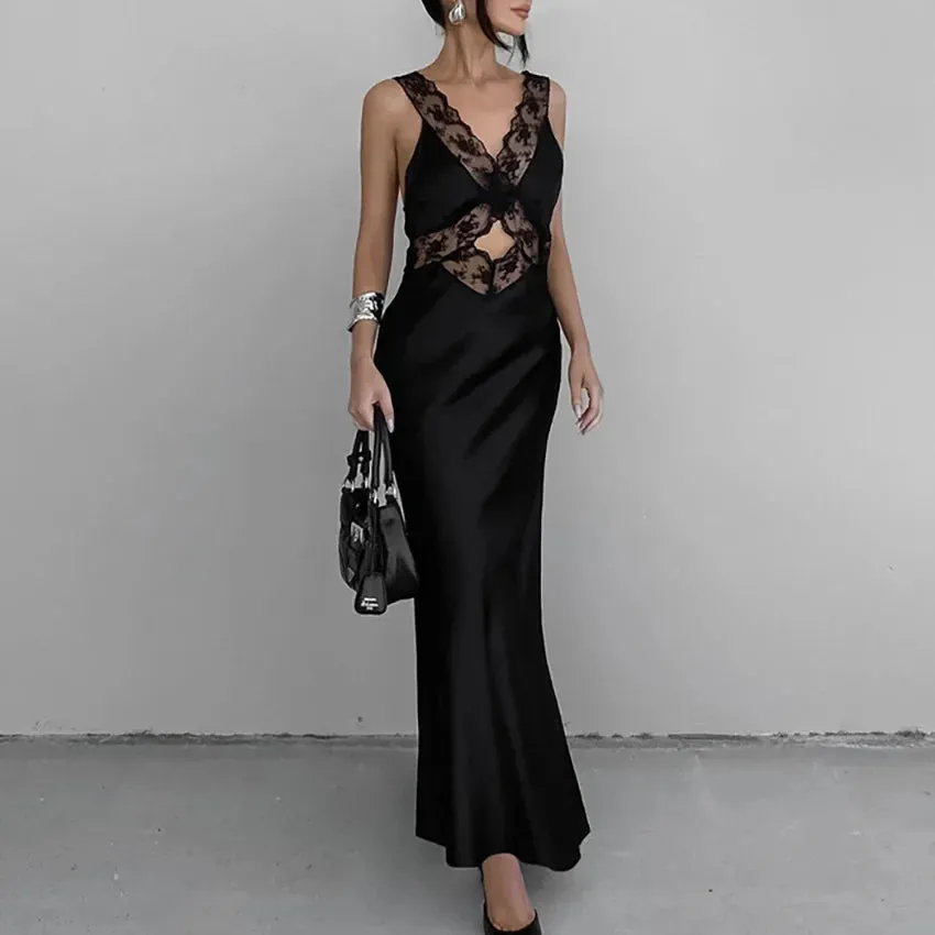 Elegant Lace V Neck Maxi Dress for Evening Fashion