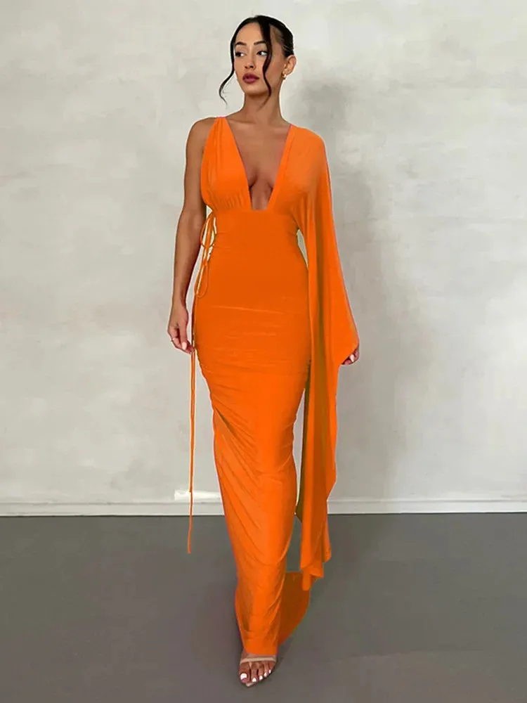 Elegant Long One Shoulder V Neck Backless Nightclub Sexy Summer Maxi Dress