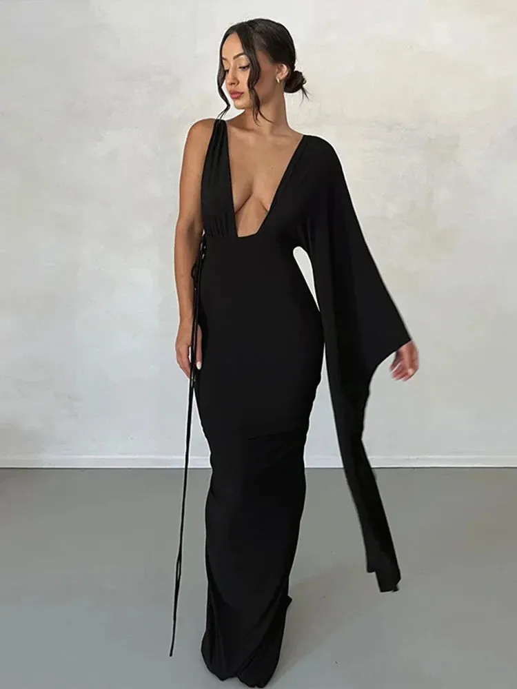 Elegant Long One Shoulder V Neck Backless Nightclub Sexy Summer Maxi Dress