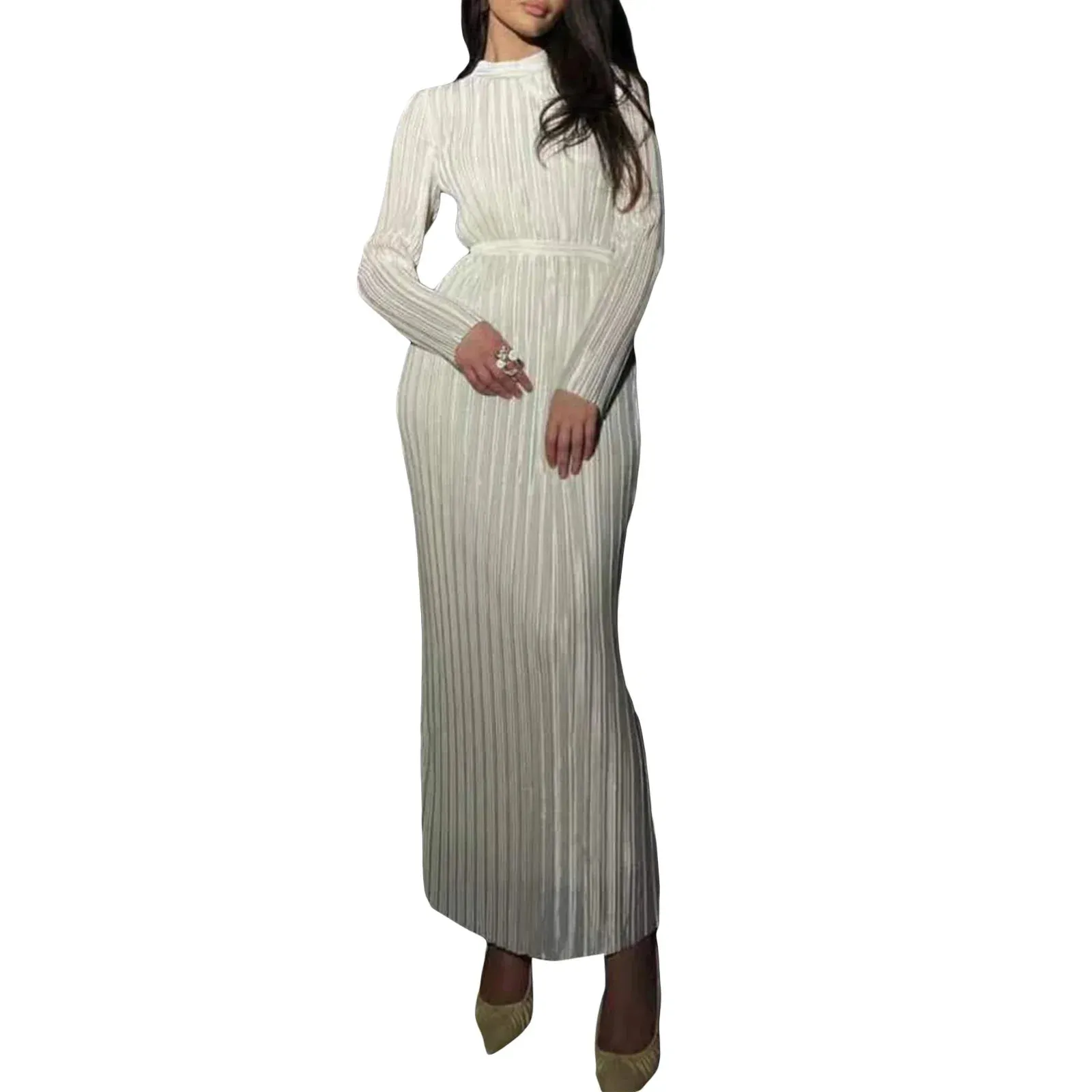 Elegant Long Sleeve Crew Neck Ribbed Solid Fall Long Streetwear Casual Knit Dress