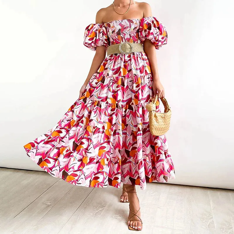 Elegant Neck Sleeve Prints Puff Slash Sexy High Short Skinny Backless Elastic Floral Waist Dress