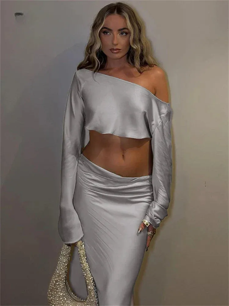 Elegant Off Shoulder Satin Long Sleeve Crop Top Maxi Dress