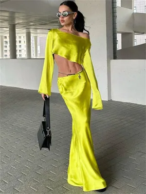 Elegant Off Shoulder Satin Long Sleeve Crop Top Maxi Dress