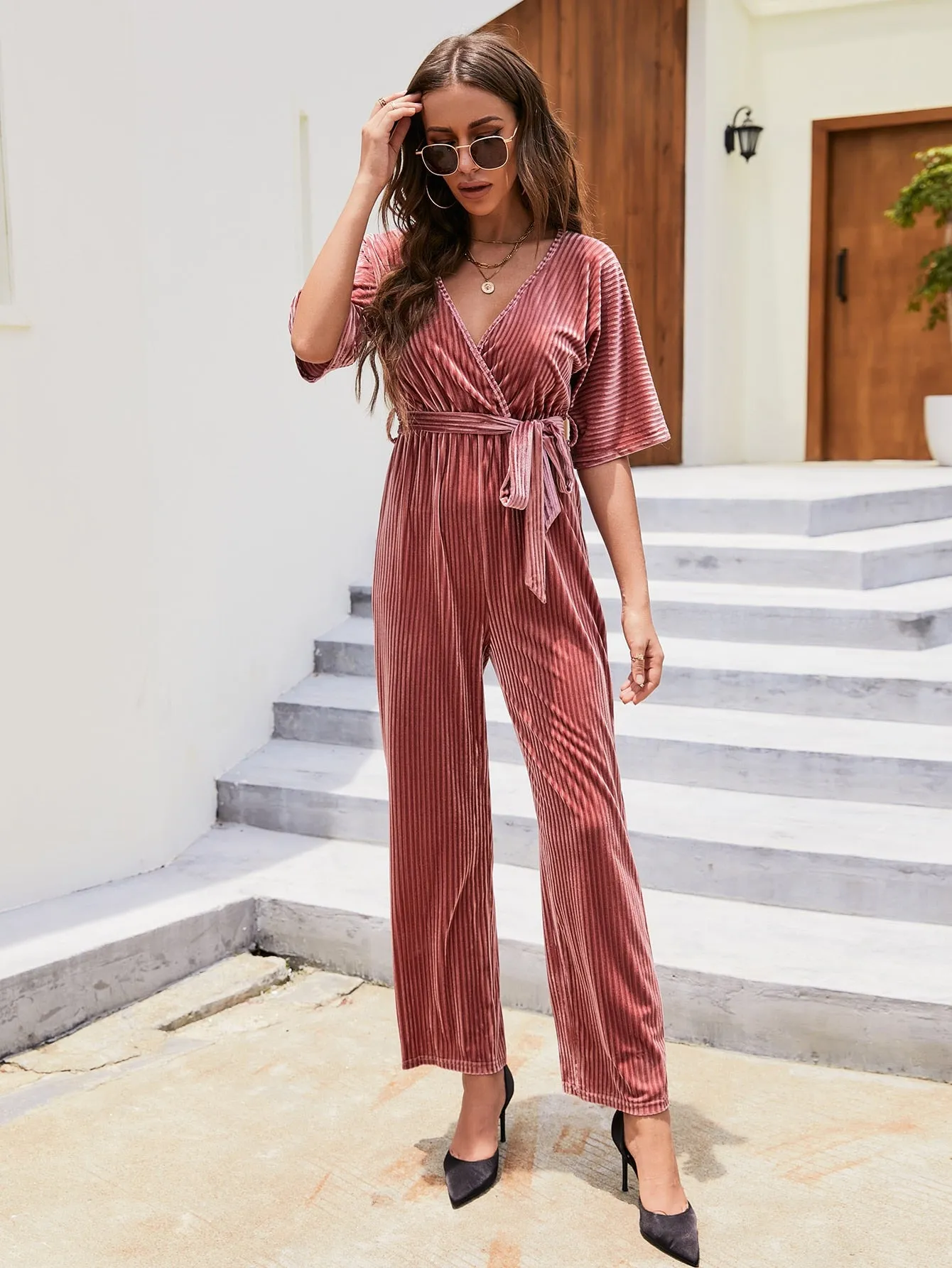 Elegant Plain Belted Short Sleeve V Neck Women Jumpsuit