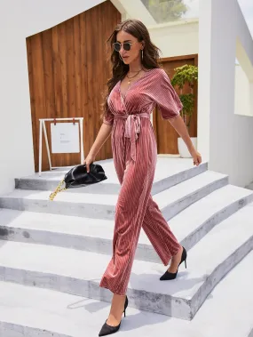 Elegant Plain Belted Short Sleeve V Neck Women Jumpsuit