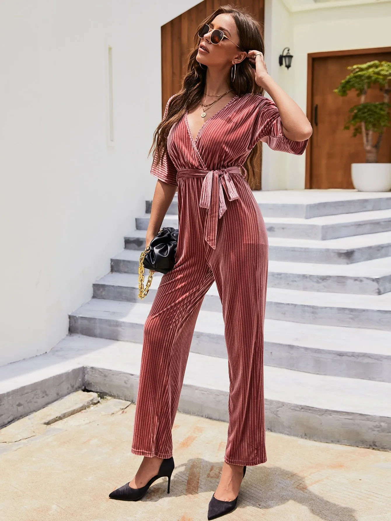 Elegant Plain Belted Short Sleeve V Neck Women Jumpsuit