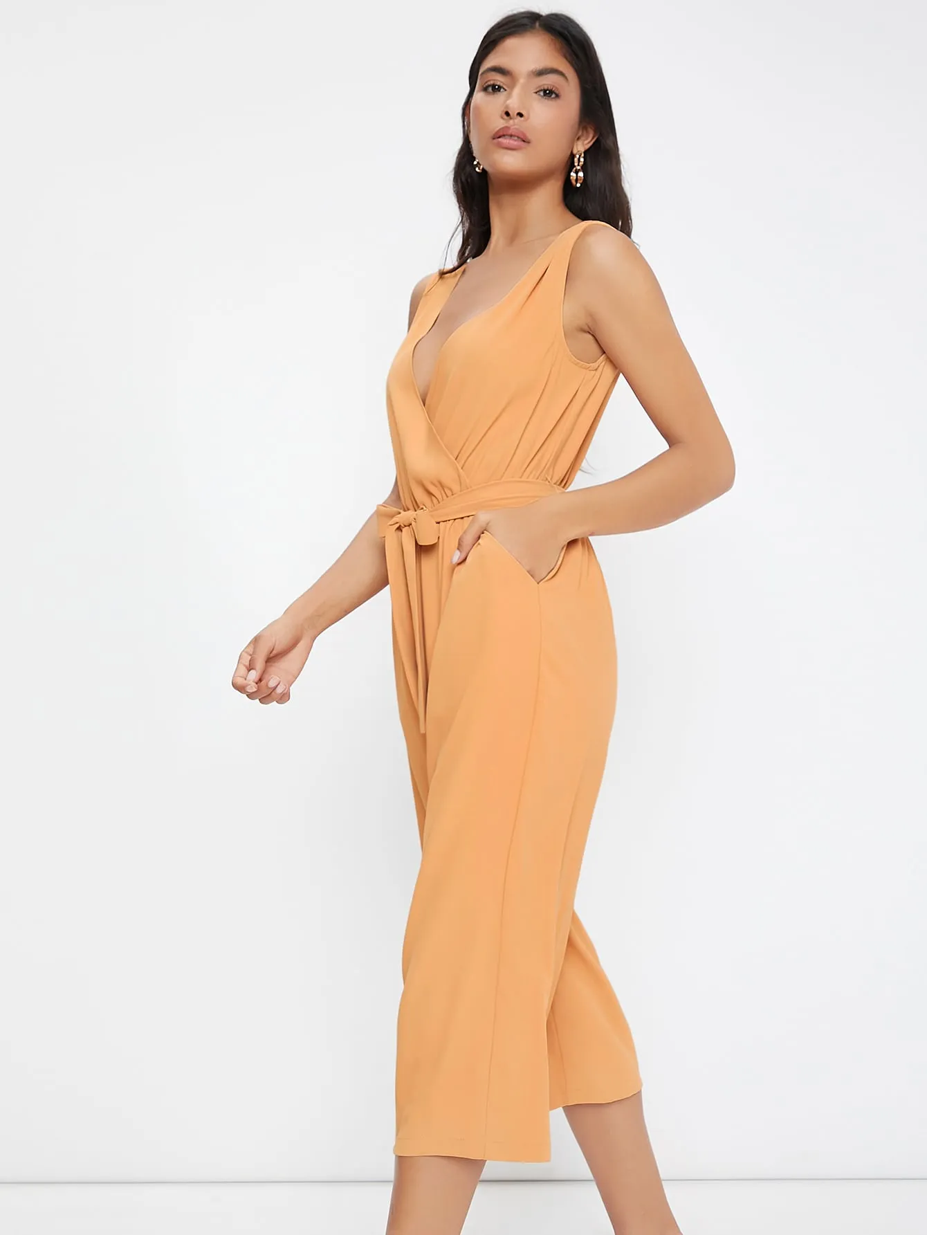 Elegant Plain Pocket Sleeveless V Neck High Waist Capris Women Jumpsuit