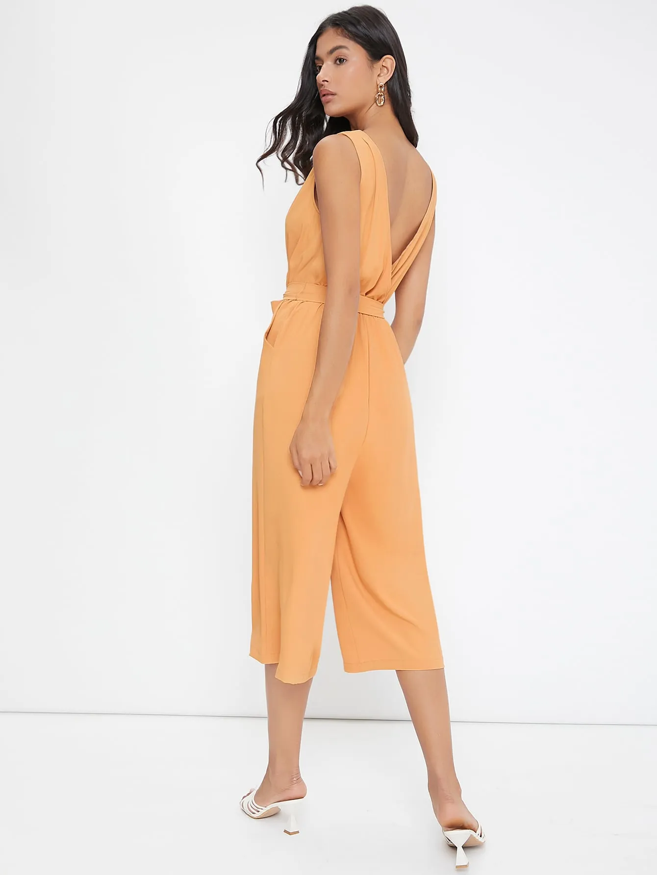 Elegant Plain Pocket Sleeveless V Neck High Waist Capris Women Jumpsuit