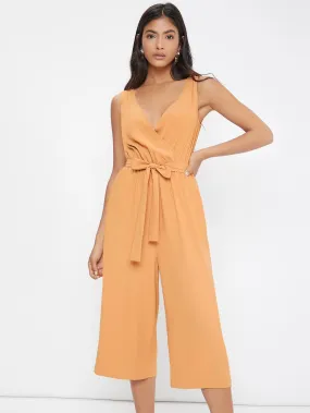 Elegant Plain Pocket Sleeveless V Neck High Waist Capris Women Jumpsuit