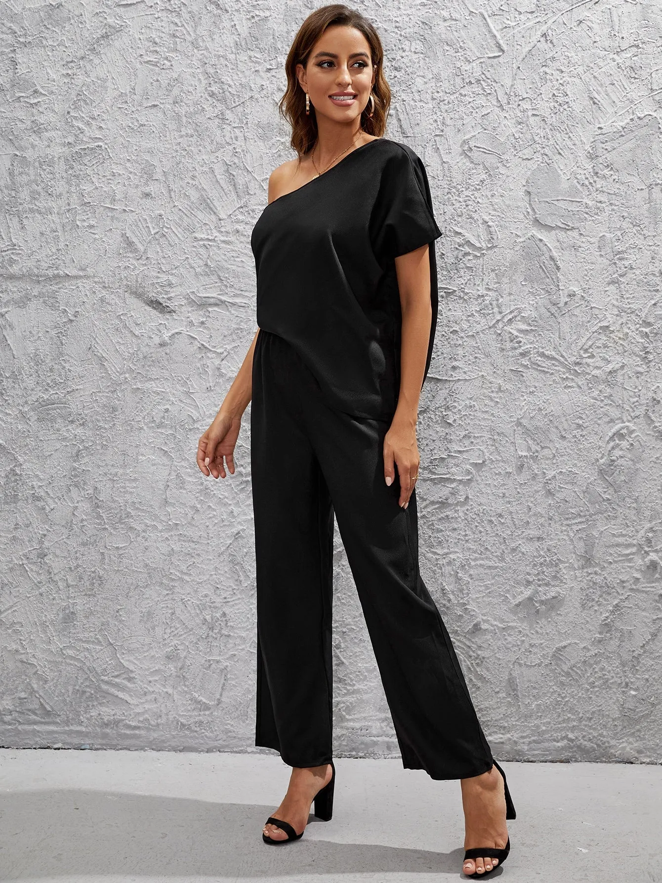 Elegant Plain Short Sleeve One Shoulder Natural Long Women Jumpsuit