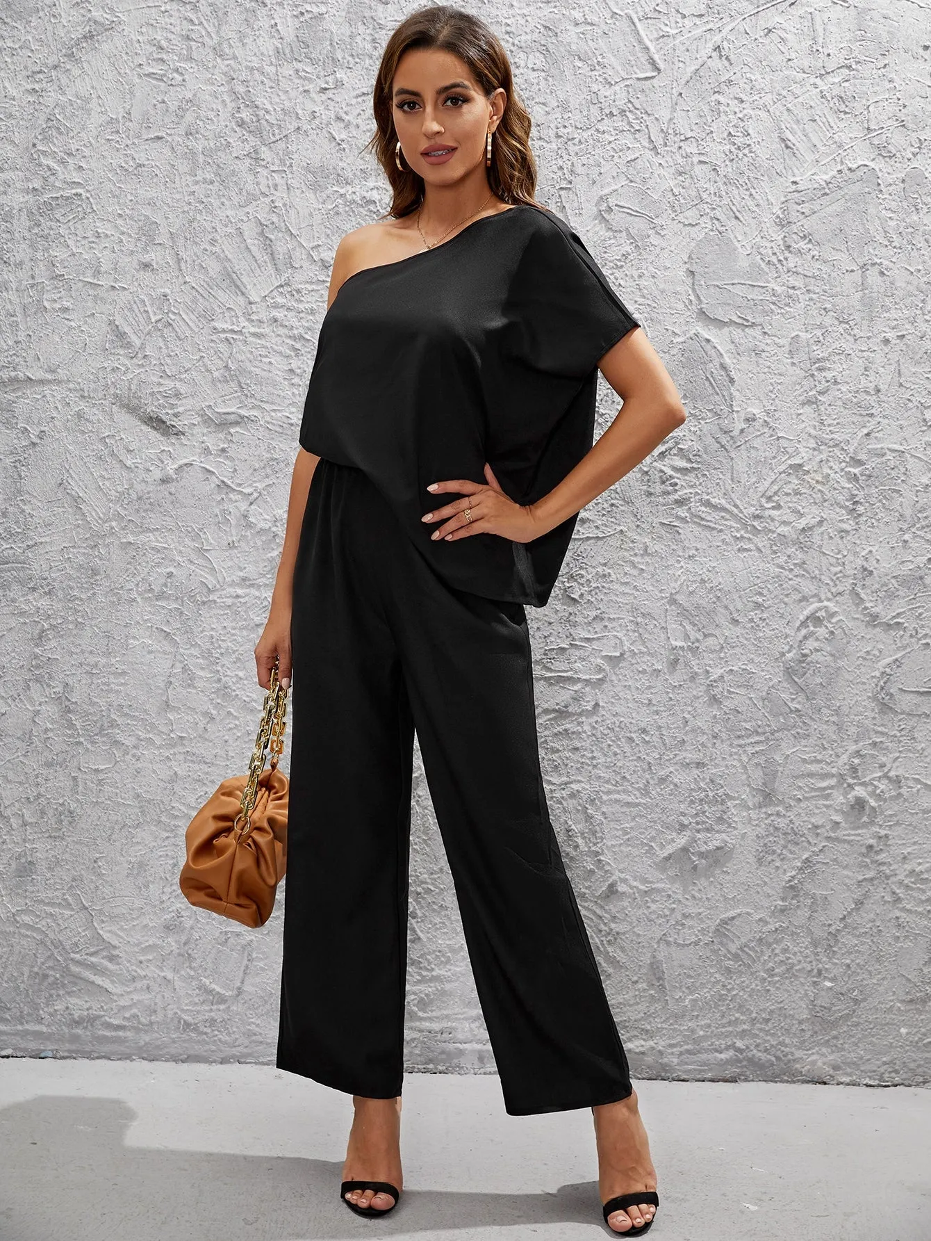 Elegant Plain Short Sleeve One Shoulder Natural Long Women Jumpsuit