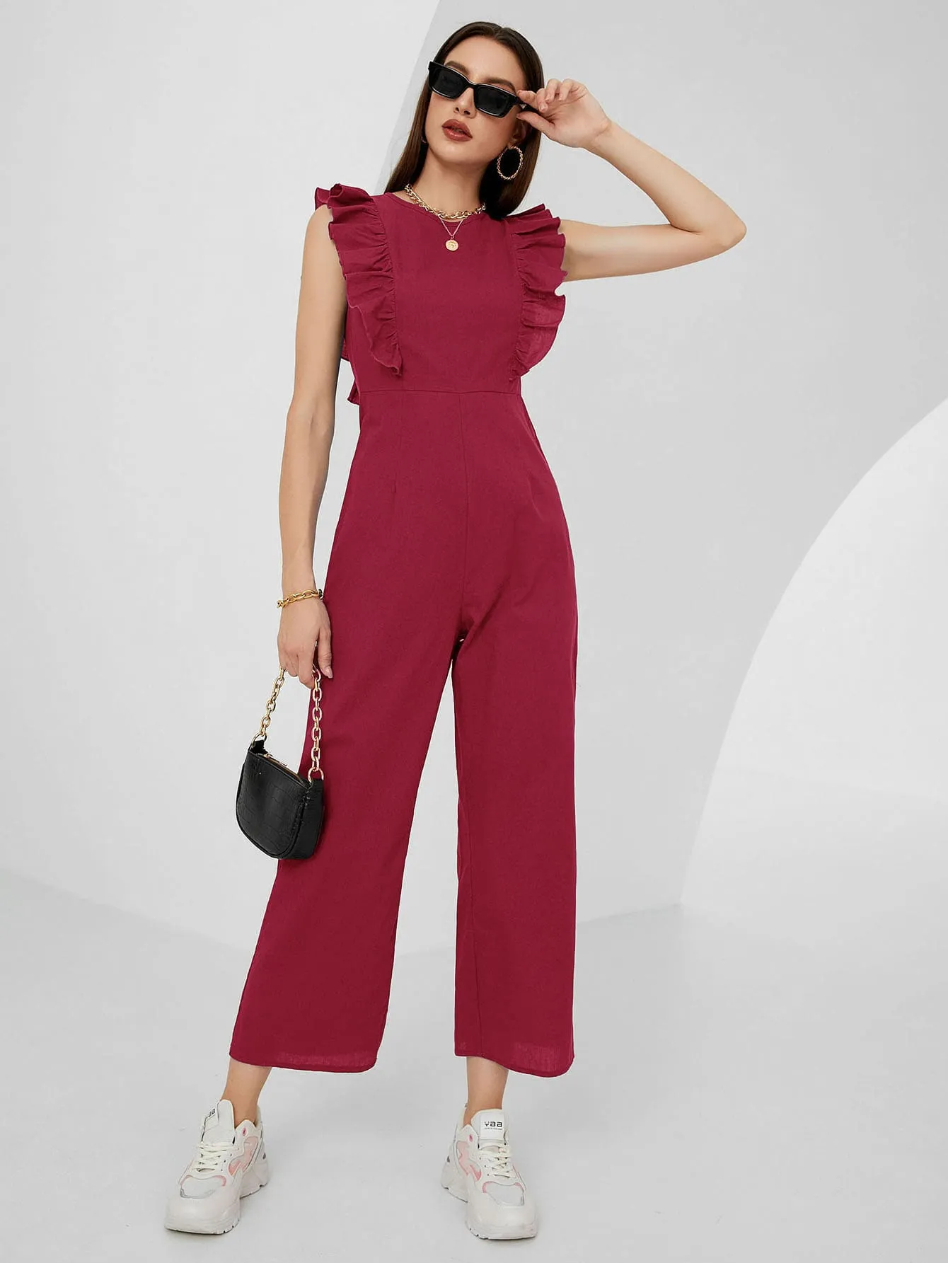 Elegant Plain Zipper Cap Sleeve Round Neck Capris Women Jumpsuit