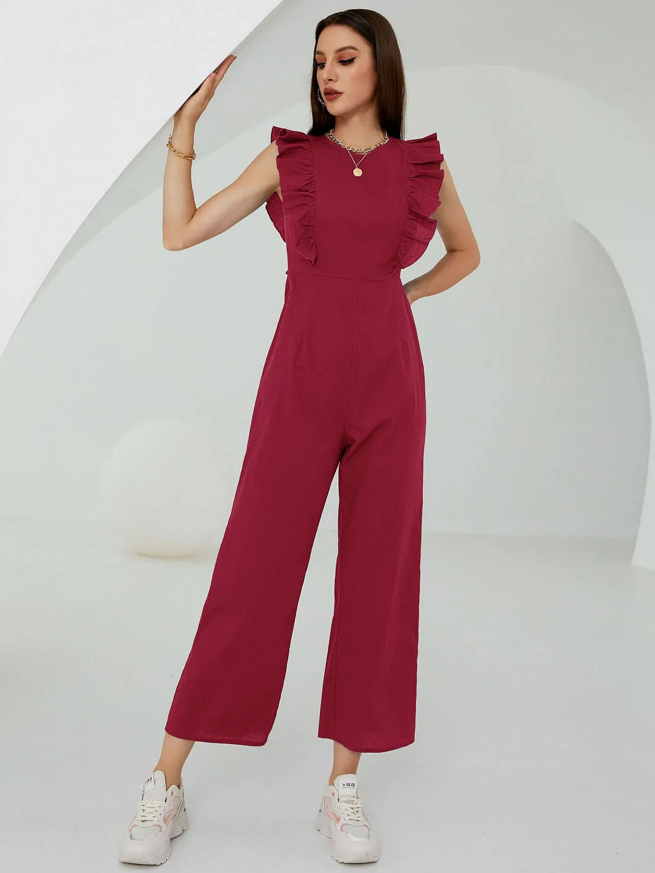 Elegant Plain Zipper Cap Sleeve Round Neck Capris Women Jumpsuit