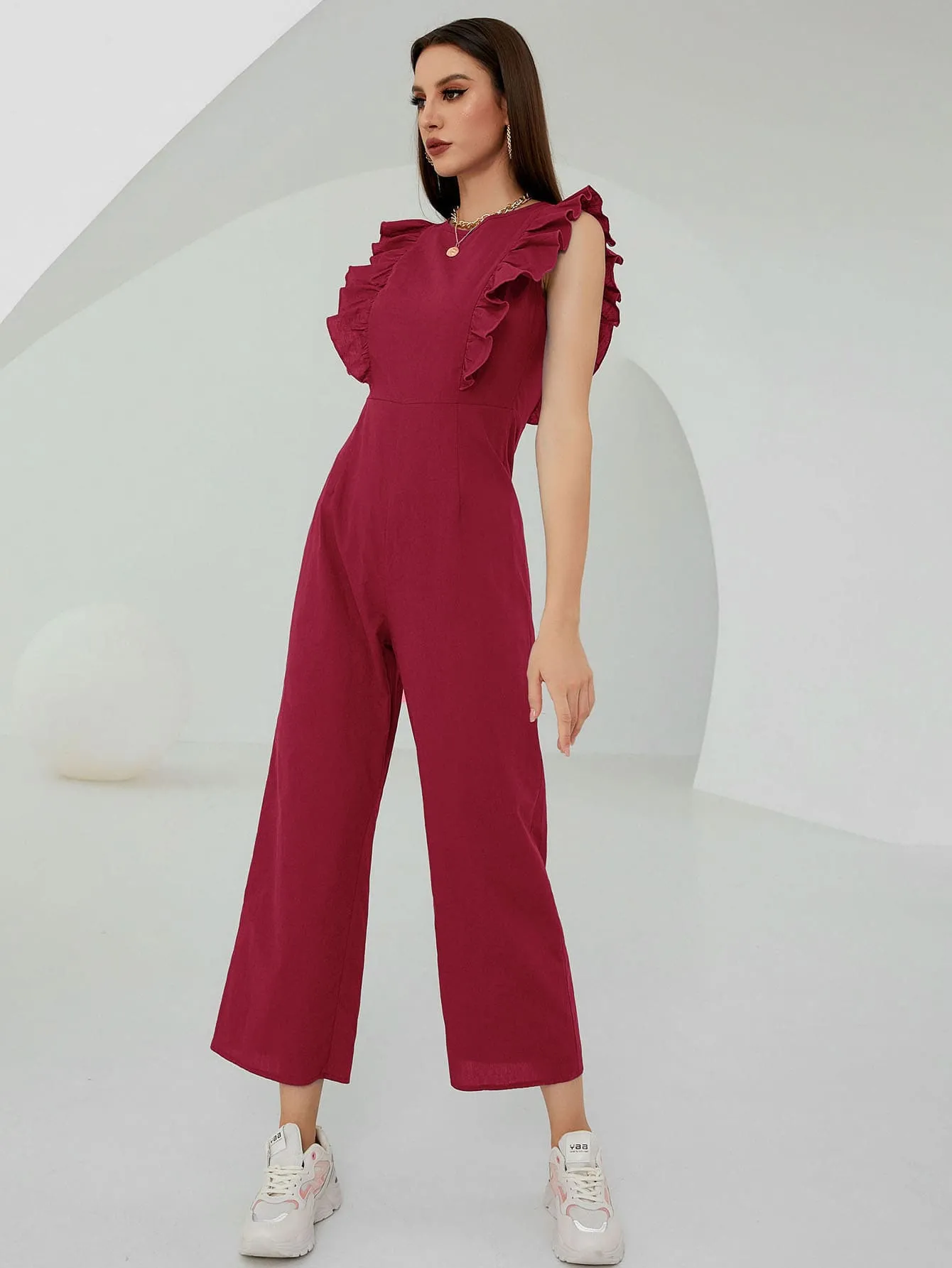 Elegant Plain Zipper Cap Sleeve Round Neck Capris Women Jumpsuit