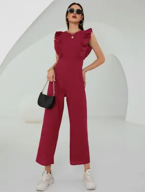 Elegant Plain Zipper Cap Sleeve Round Neck Capris Women Jumpsuit