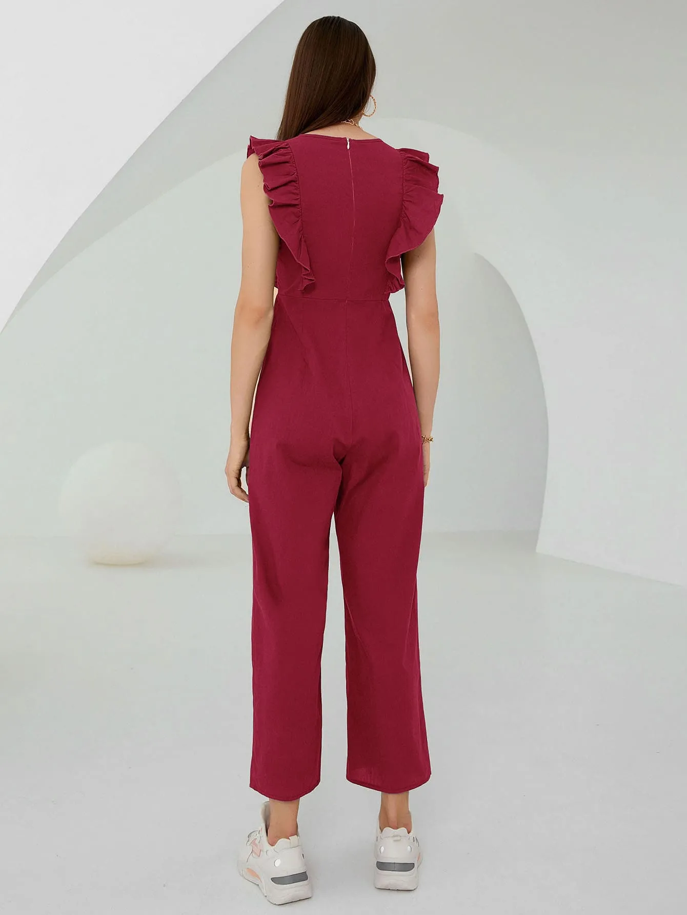 Elegant Plain Zipper Cap Sleeve Round Neck Capris Women Jumpsuit