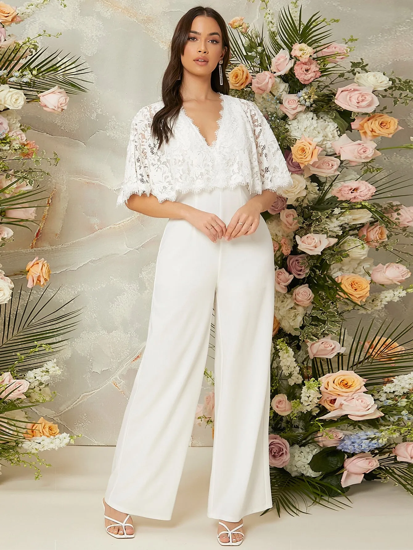 Elegant Plain Zipper Half Sleeve Deep V Neck Natural Long Women Jumpsuit