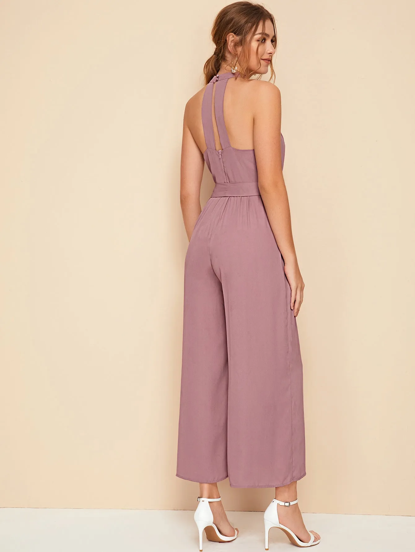 Elegant Plain Zipper Sleeveless Halter High Waist Capris Women Jumpsuit