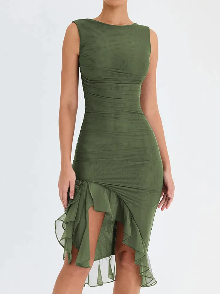 Elegant Ruffle Ruched Midi Dress For Women Sexy Dress