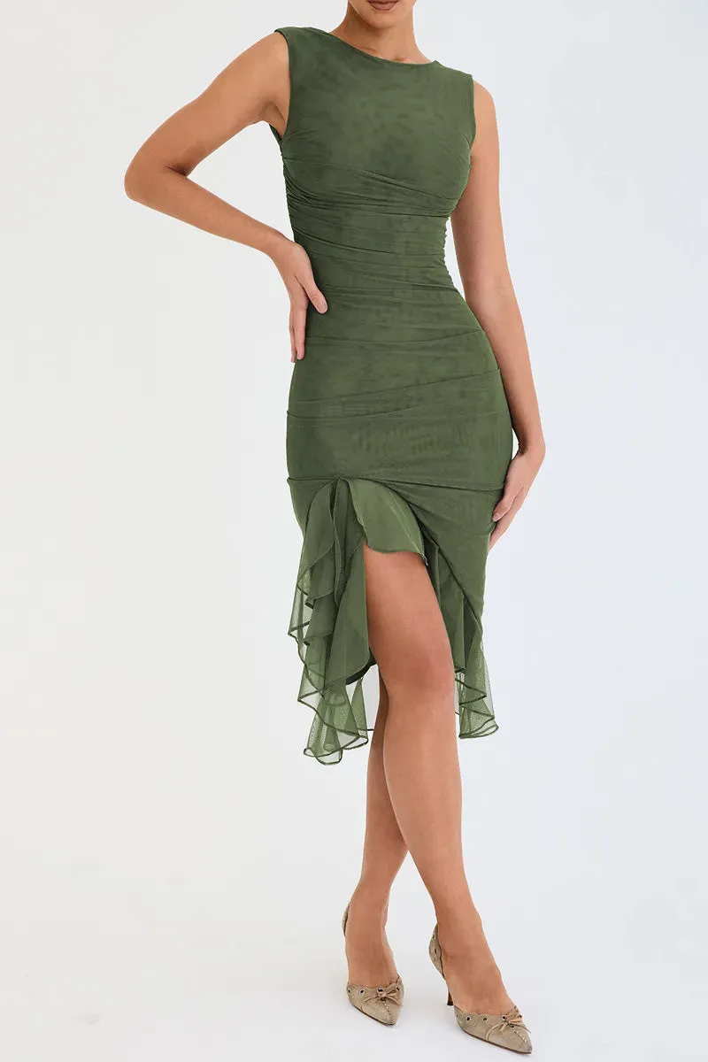 Elegant Ruffle Ruched Midi Dress For Women Sexy Dress