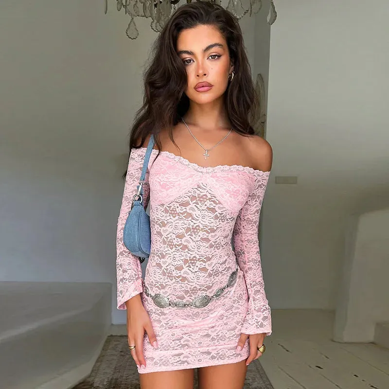 Elegant Sheer Lace Off Shoulder Long Sleeve Party Mini Dress