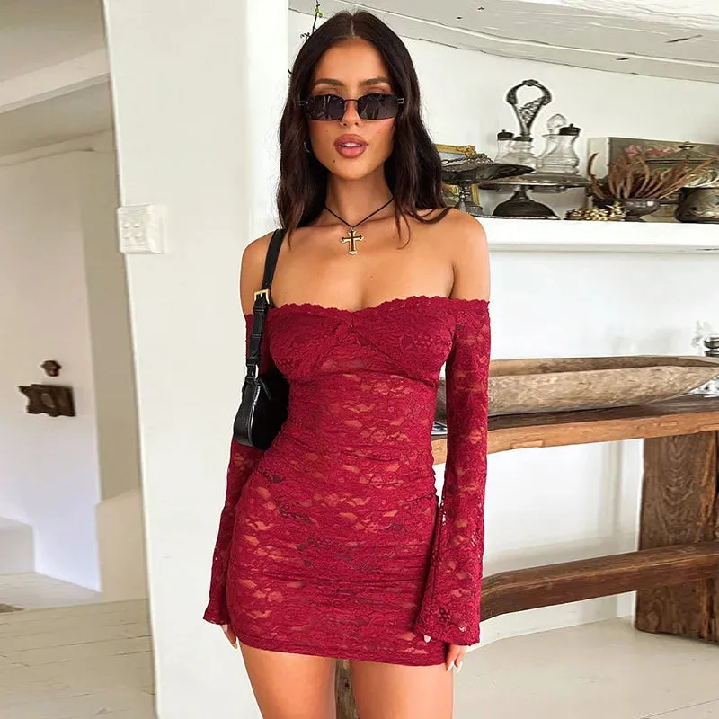 Elegant Sheer Lace Off Shoulder Long Sleeve Party Mini Dress