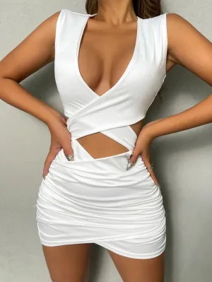 Elegant Sleeveless Bodycon Mini V Neck Ruched Hollow Dress