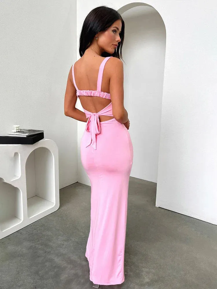 Elegant Spaghetti Strap High Split Backless Sexy Spring Summer Maxi Dress