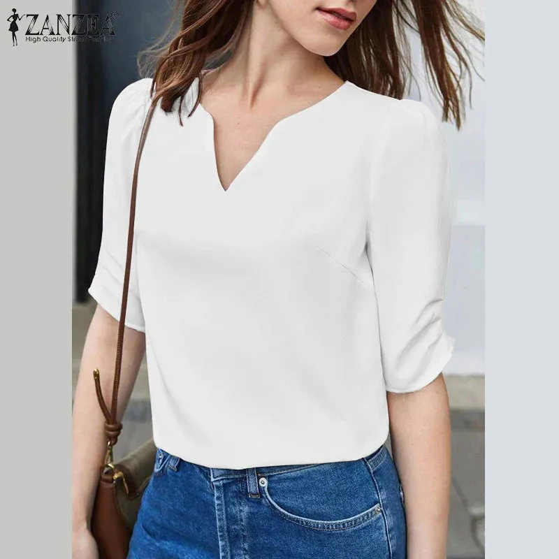 Elegant V-Neck Puff Short Sleeve Blouse