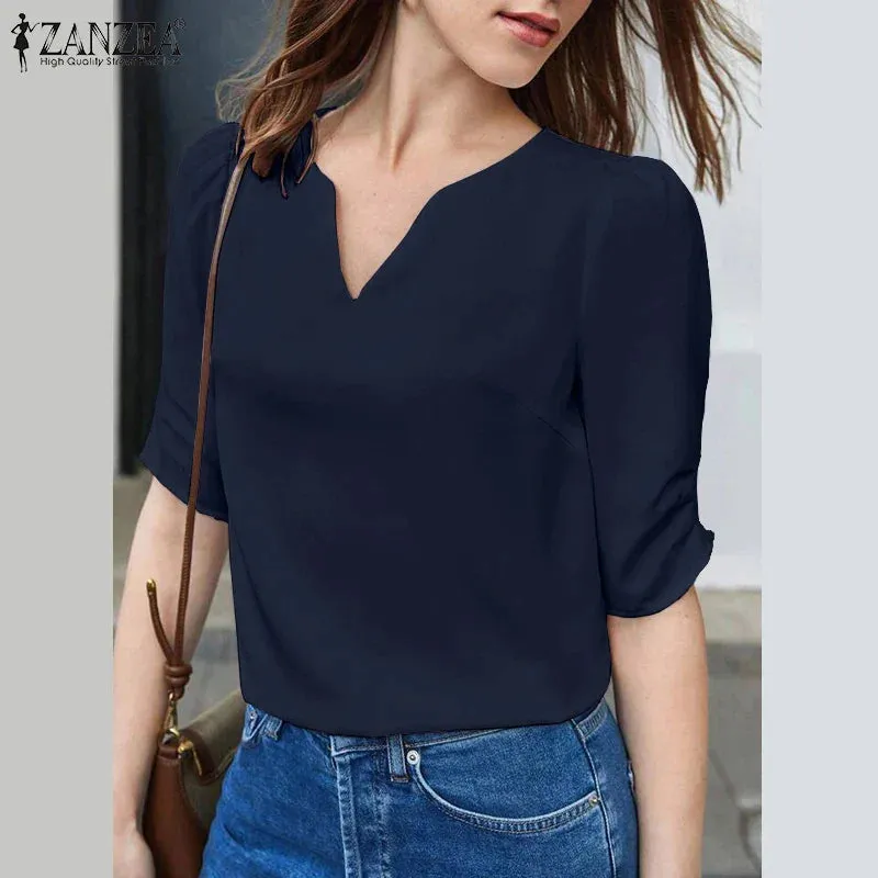 Elegant V-Neck Puff Short Sleeve Blouse