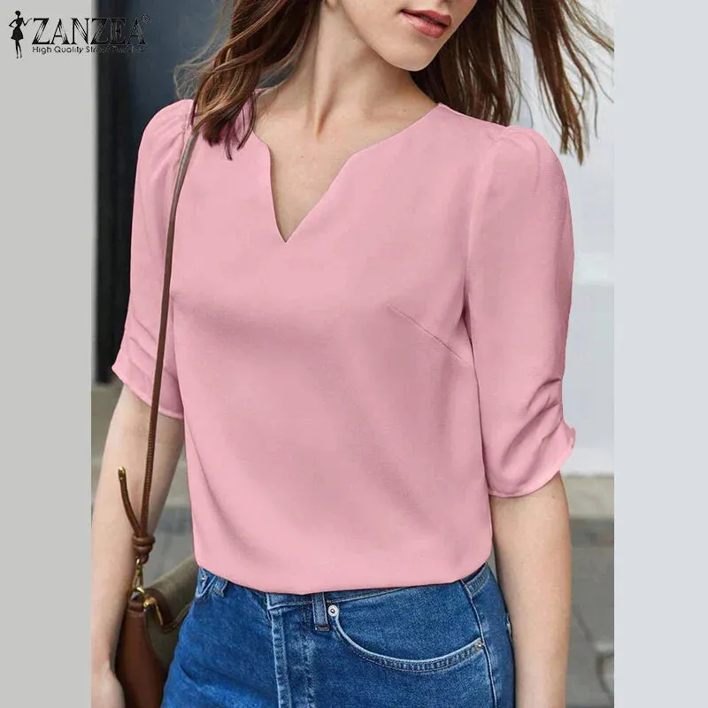 Elegant V-Neck Puff Short Sleeve Blouse