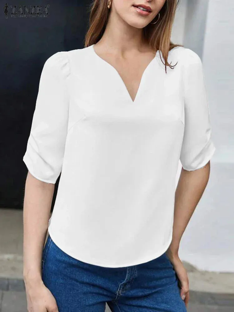 Elegant V-Neck Puff Short Sleeve Blouse