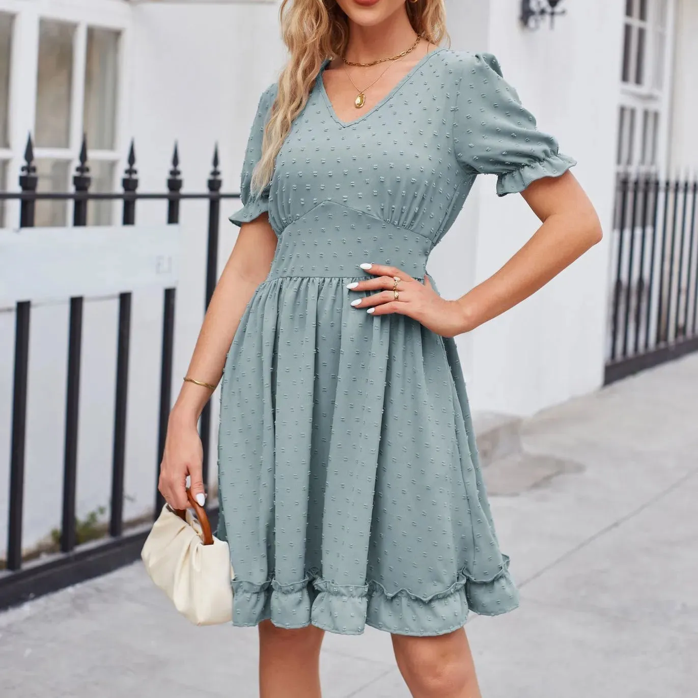 Elegant V-neck Short Sleeve Ruffles Loose A-line Mini Dress for Women