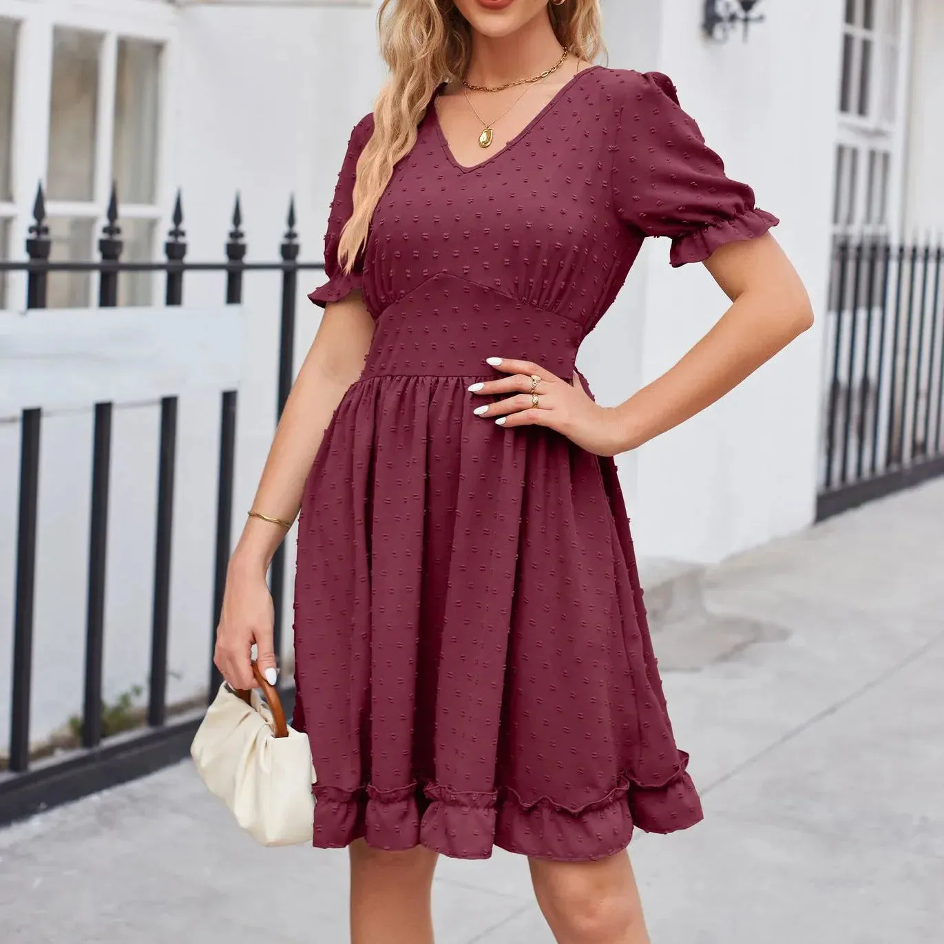 Elegant V-neck Short Sleeve Ruffles Loose A-line Mini Dress for Women