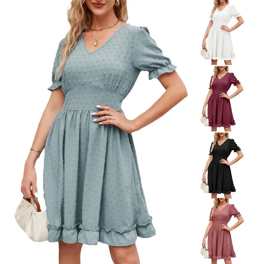 Elegant V-neck Short Sleeve Ruffles Loose A-line Mini Dress for Women