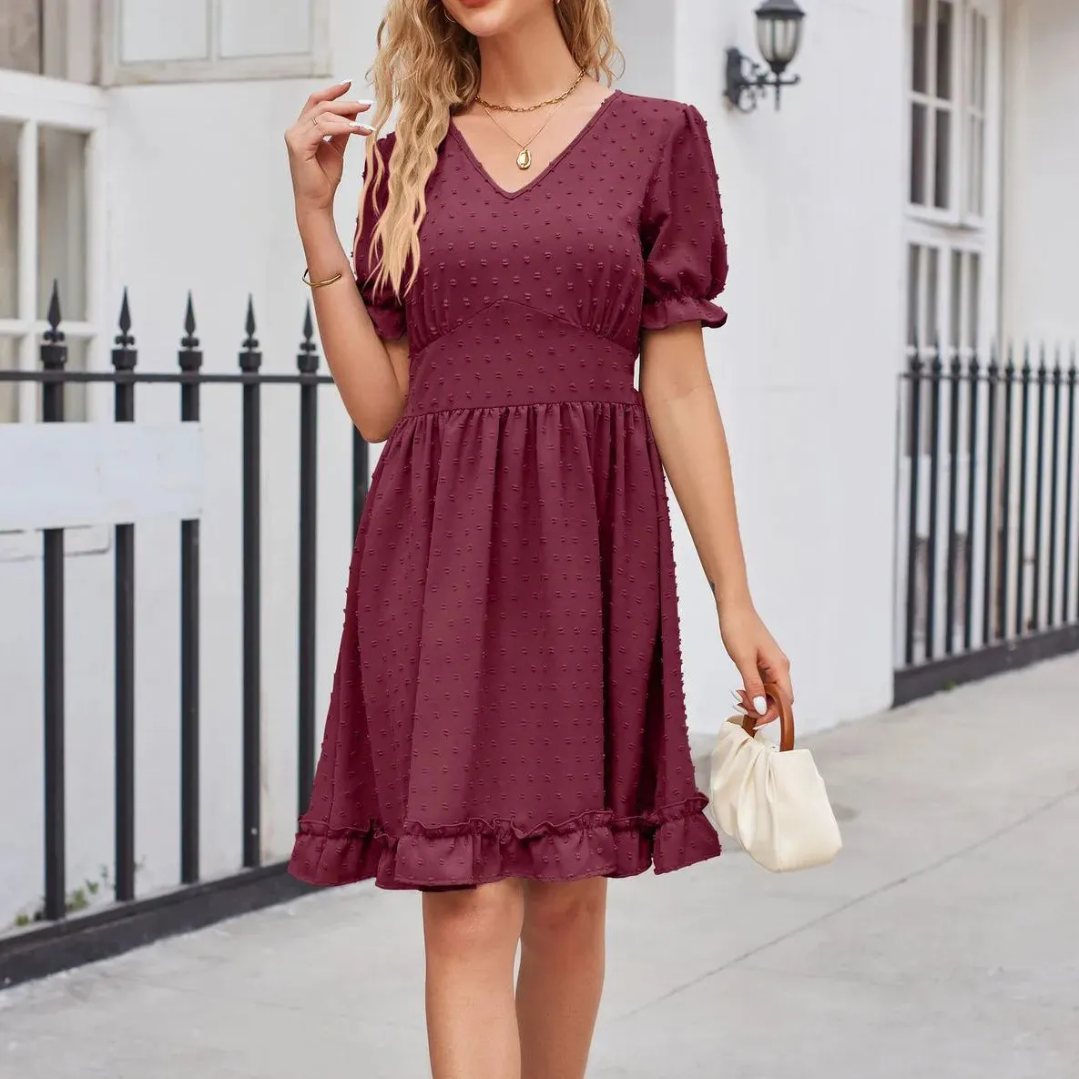 Elegant V-neck Short Sleeve Ruffles Loose A-line Mini Dress for Women