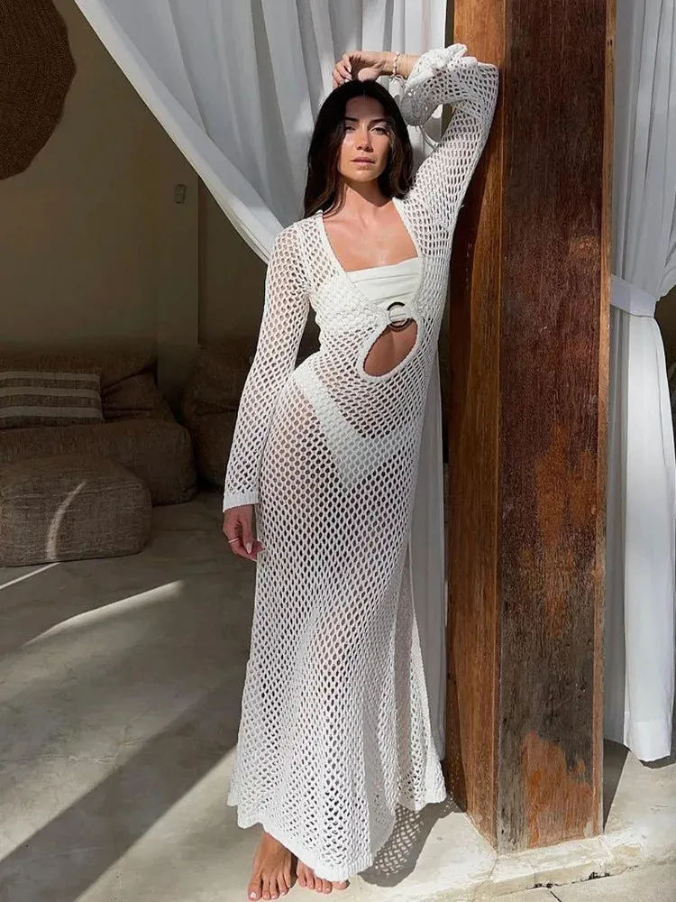 Elegant White Hollow Out Knitted Maxi Dress with Long Sleeves and Slit