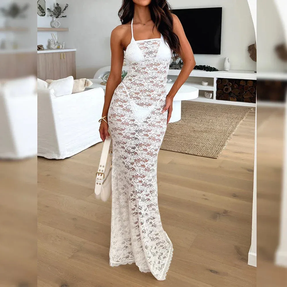 Elegant White Lace Hollow Out Sleeveless Bodycon Dress for Women's Evening Party Fashion