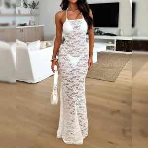 Elegant White Lace Hollow Out Sleeveless Bodycon Dress for Women's Evening Party Fashion