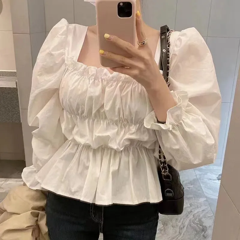 Elegant White Neck Square Ruffled Puff Style Fashionable Sweet Korean Sleeve Long Top