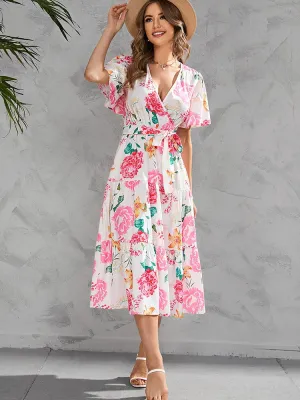 Elegant Women Casual Floral Print Ruffle Big Hem Beach Fashion V Neck Bandage White Midi Dress