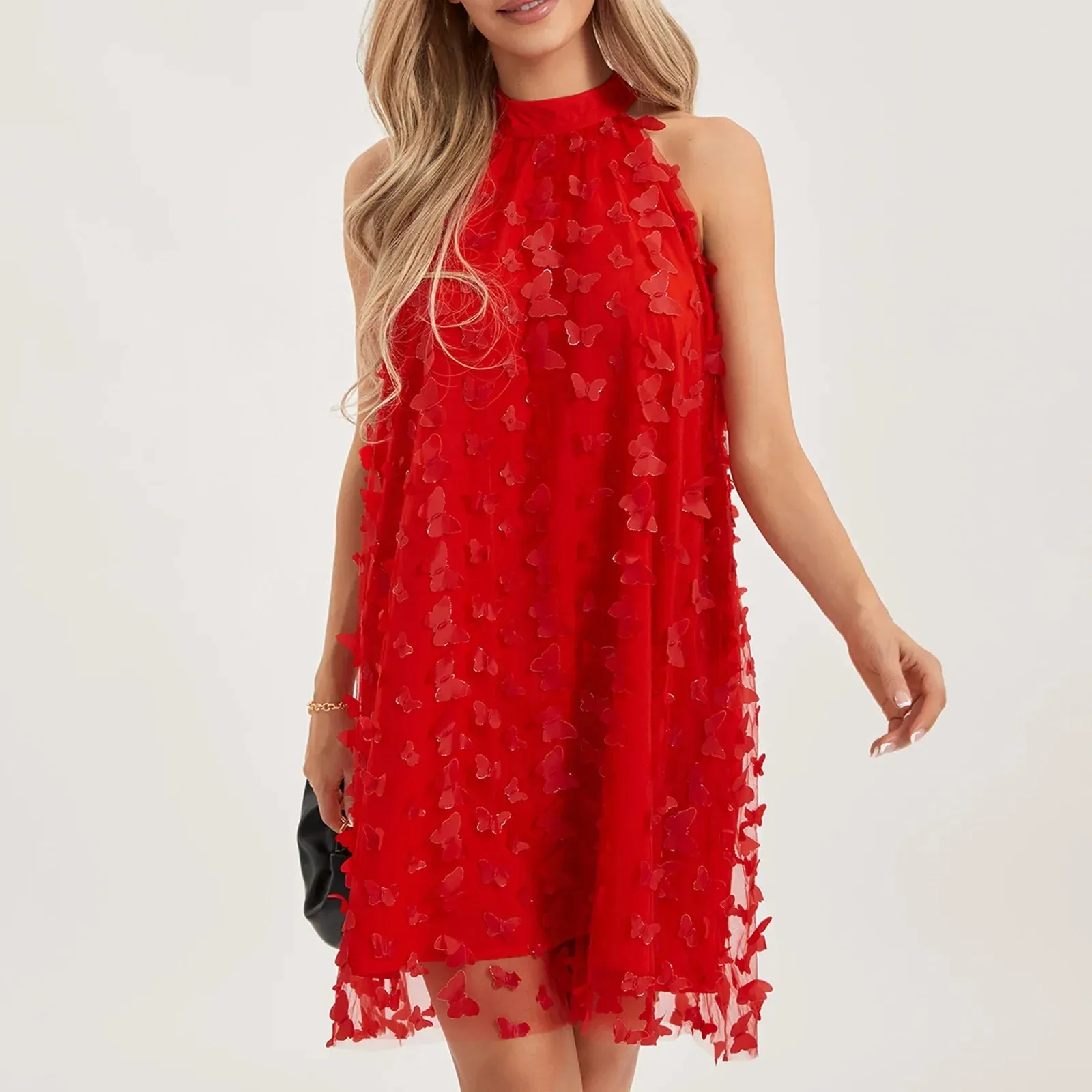 Evening Butterfly Appliques Mesh Overlay Sleeveless Cocktail Mini Fashion Summer Elegant Dress