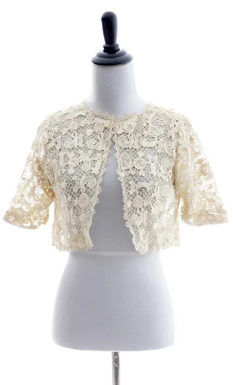 Fine Crochet Creamy Ivory Lace Cropped Vintage Jacket