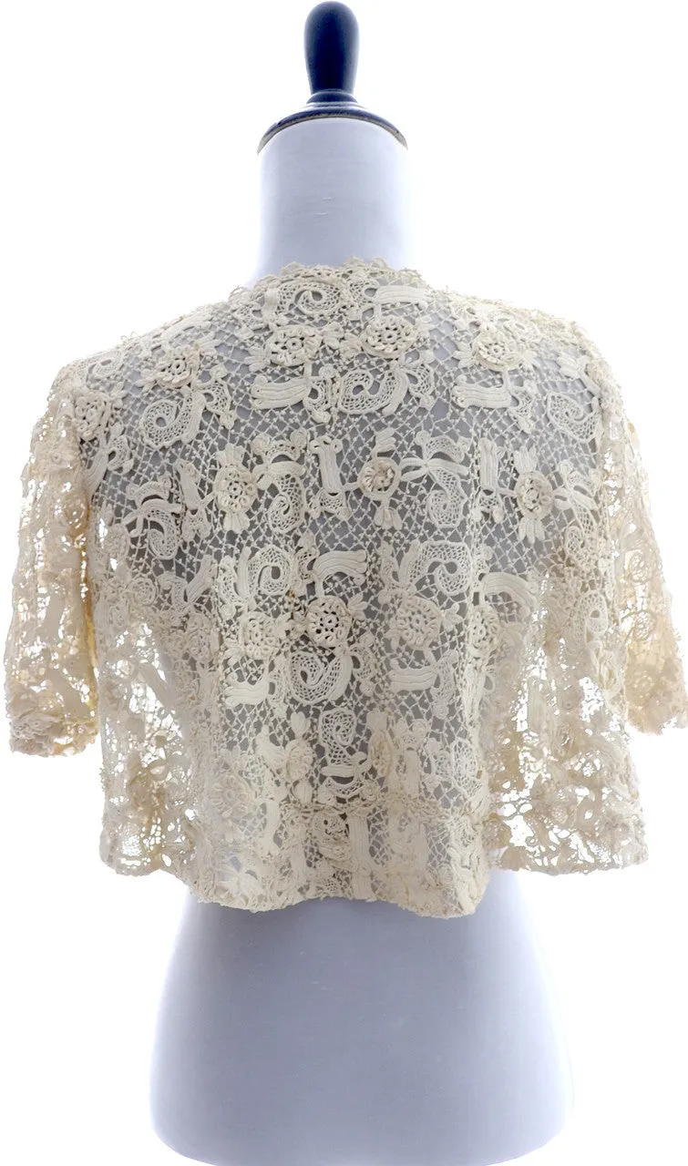 Fine Crochet Creamy Ivory Lace Cropped Vintage Jacket